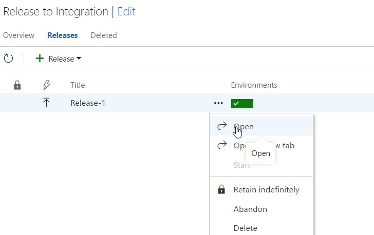 Under Release to Integration / Edit, the Releases tab is selected. Under Release, Release-1 is selected. The ellipsis button is clicked, and from its drop-down menu, Open is selected.